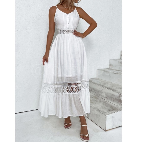 White Long Flared Maxi Dress Cami Tie Back Lace Crochet Detail - Picture 5 of 8